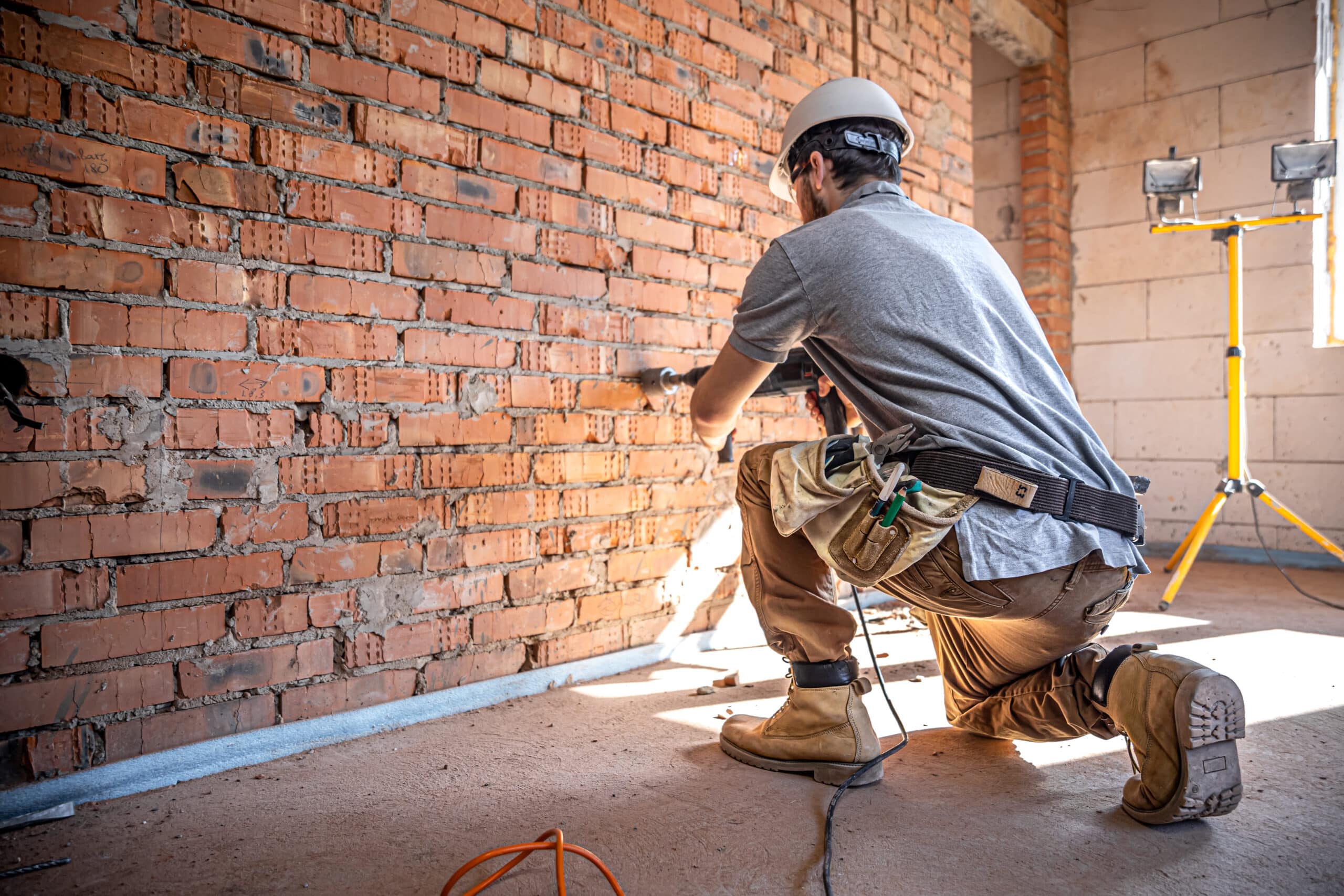 trabalhador manual em um canteiro de obras no processo de perfuracao de uma parede com um perfurador scaled
