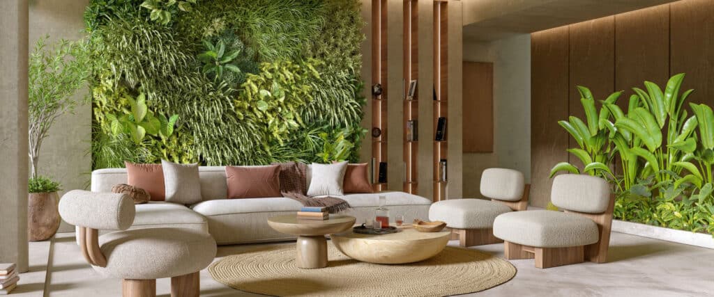 jardim vertical ambientado em uma sala de estar