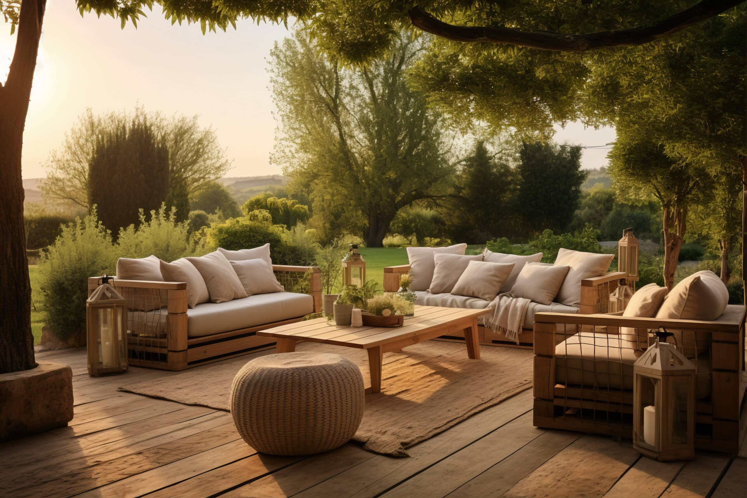 deck rustico com moveis e vegetacao scaled